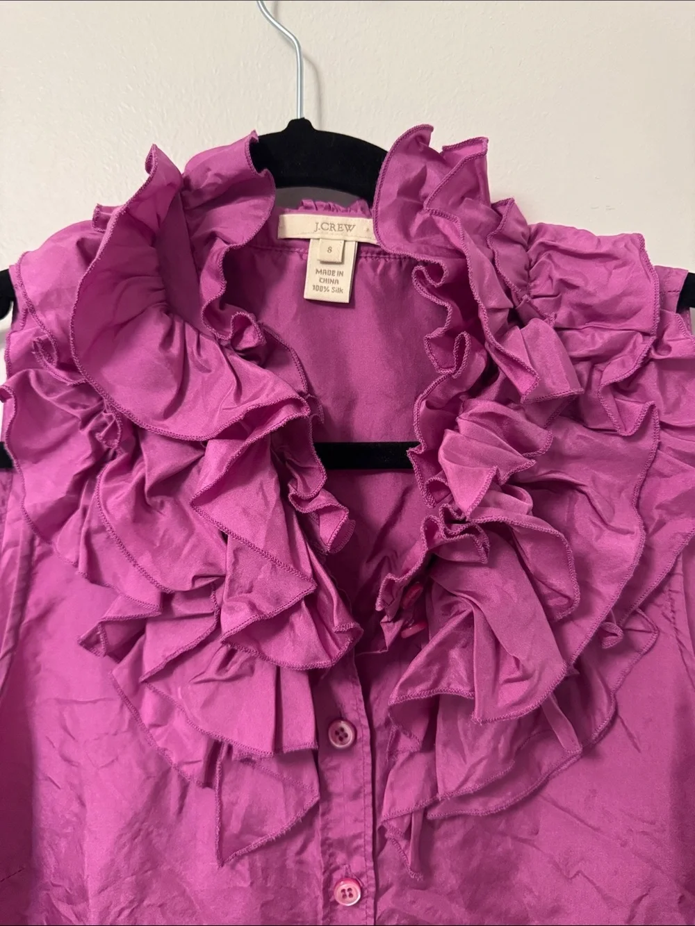 J. Crew Sleeveless Ruffle Button-Front Blouse in Magenta